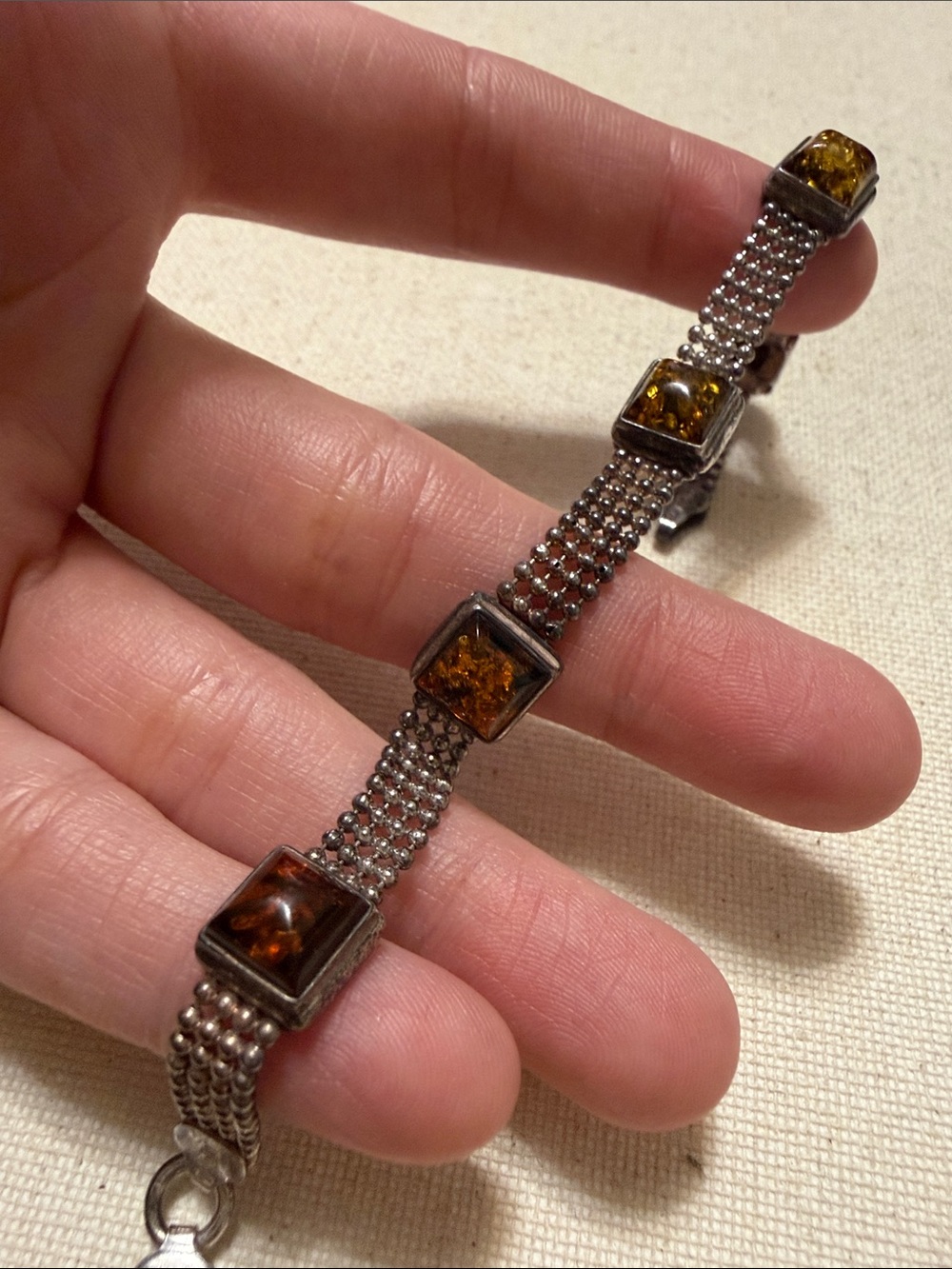 Sterling Silver 925 Italy Amber Station Bracelet 7.25’